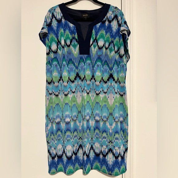 LAUNDRY by Shelli Segal Split Neck Blue Oval Print Jersey Shift Dress L - Picture 2 of 4
